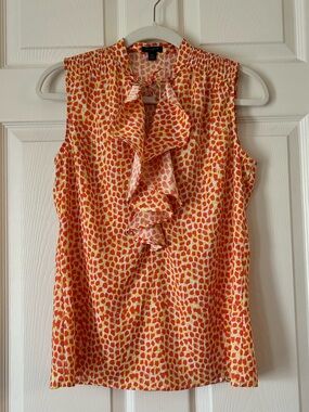 Ann Taylor Orange Cream Spot Print Ruffle Front Sleeveless Blouse XS